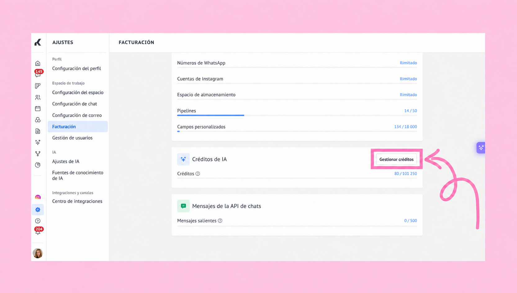 Settings page showing billing options and highlighted credit management section.